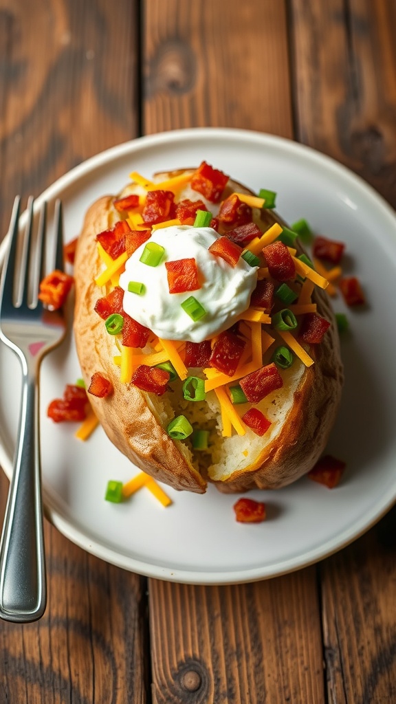 A loaded baked potato topped with sour cream, bacon, cheese, and green onions on a wooden table.